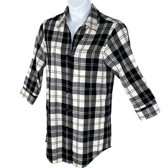 Theory Women 10 Black White Tartan Plaid Button Up Tunic Shirt Virgin Wool Blend - Picture 5 of 15